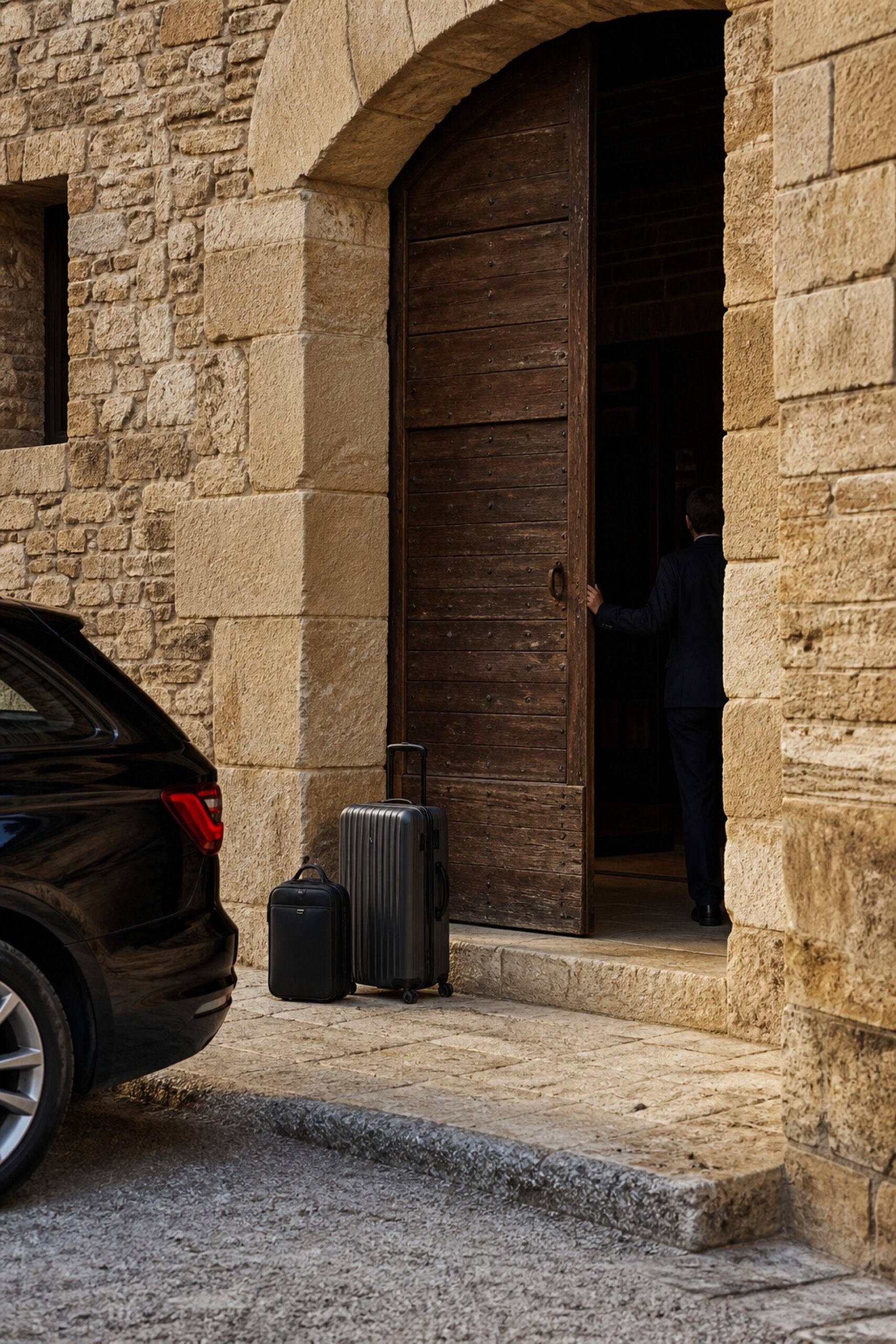 Stone hotel entrance with luggage and a discreet arrival in Italy