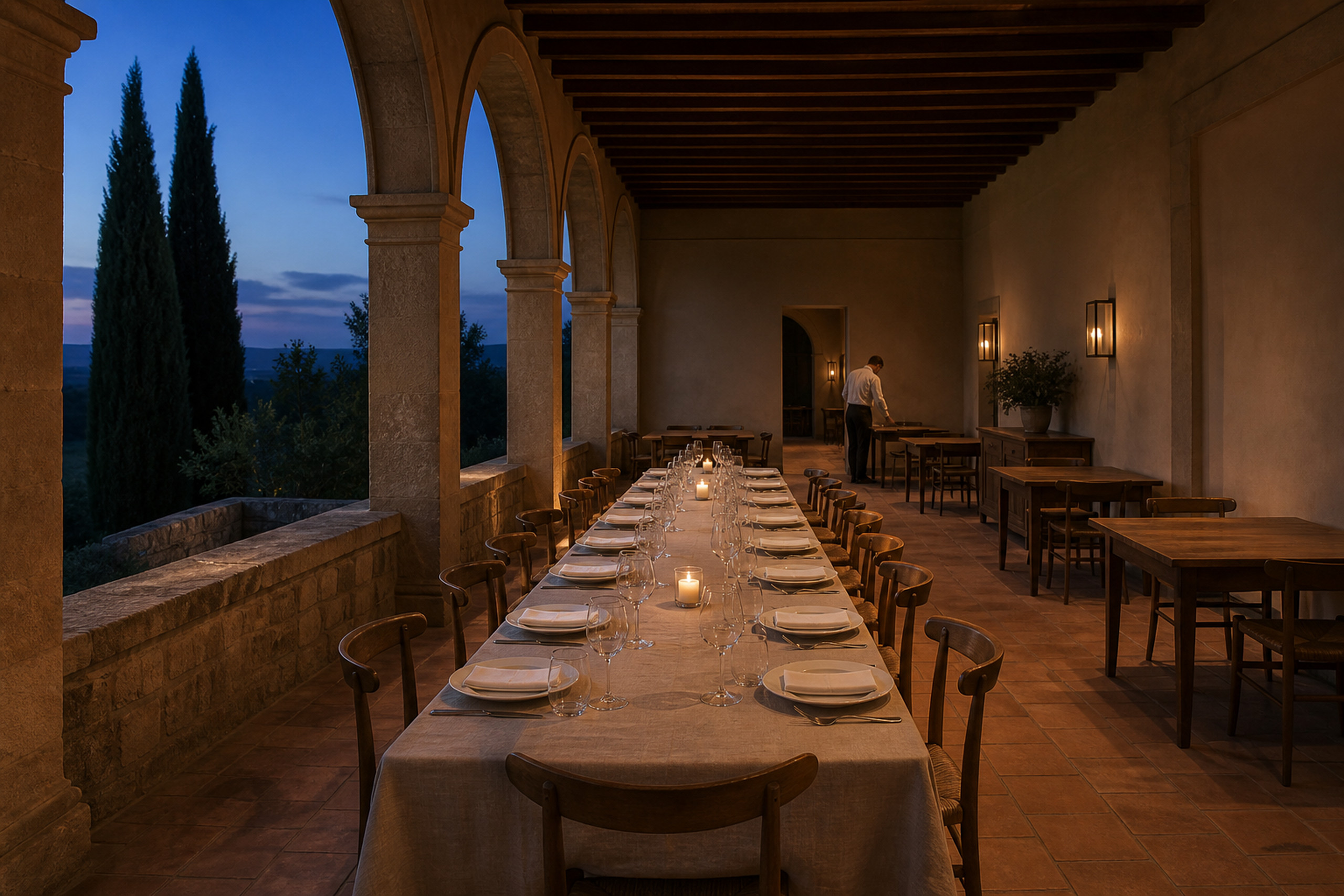 Long private dining table prepared beneath an Italian hotel loggia