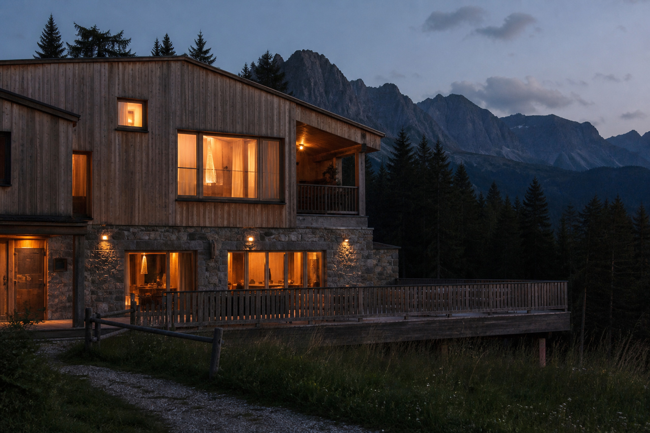 Contemporary alpine hospitality property in the Italian mountains at dusk