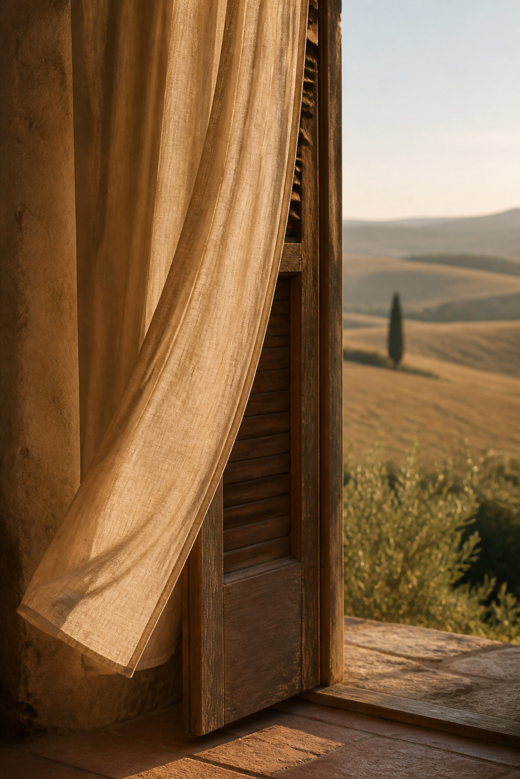 Tuscan villa doorway opening onto the countryside with a linen curtain