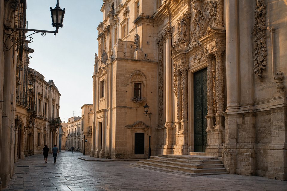 Carved Lecce limestone Baroque façade in early evening, Puglia, OHH! ITALY