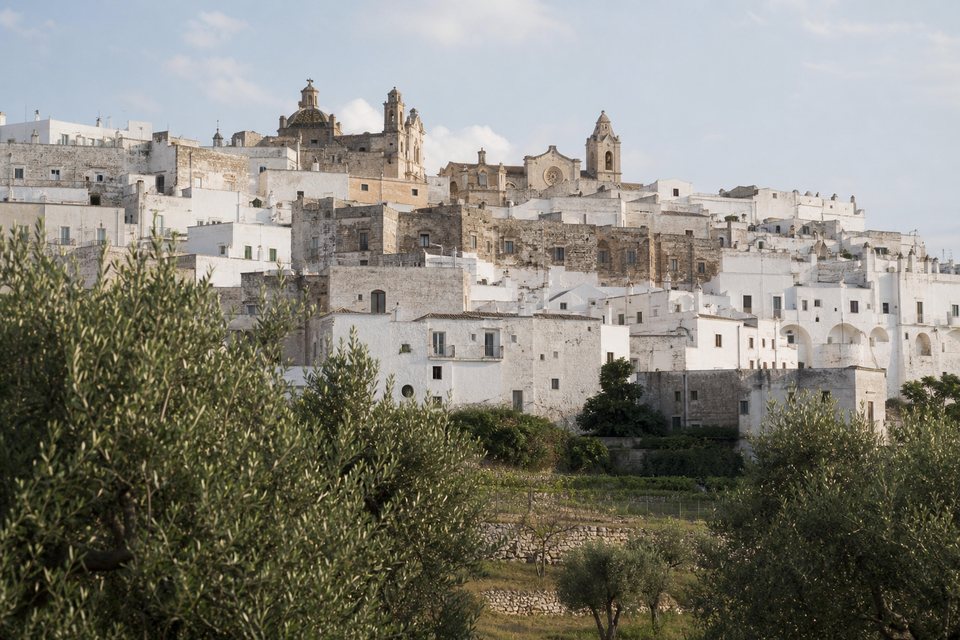 Whitewashed hill town of Ostuni above olive landscape in the Valle d’Itria, Puglia, OHH! ITALY