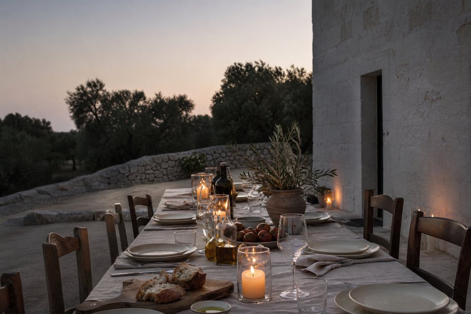 Private evening table in a Puglian masseria courtyard with linen, ceramics, olive branches and candlelight, OHH! ITALY
