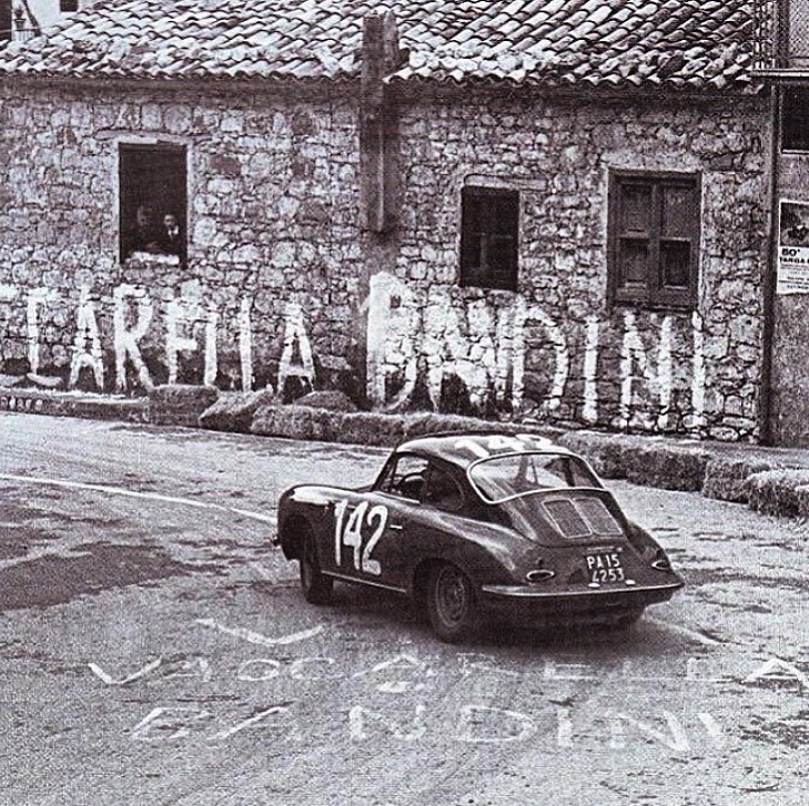 Porsche 356B Carrera rounding a Collesano bend at the 1966 Targa Florio with Vaccarella painted on the road - OHH! Italy Journal