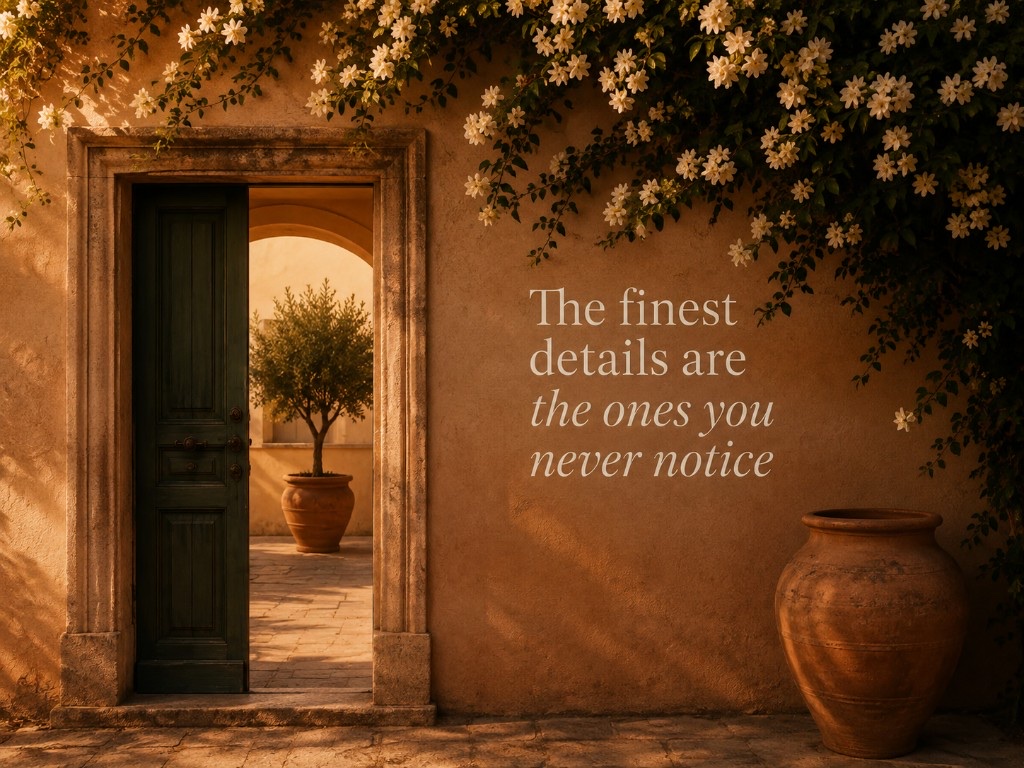 Mediterranean courtyard with an open doorway, olive tree and terracotta vessel, with the words The finest details are the ones you never notice