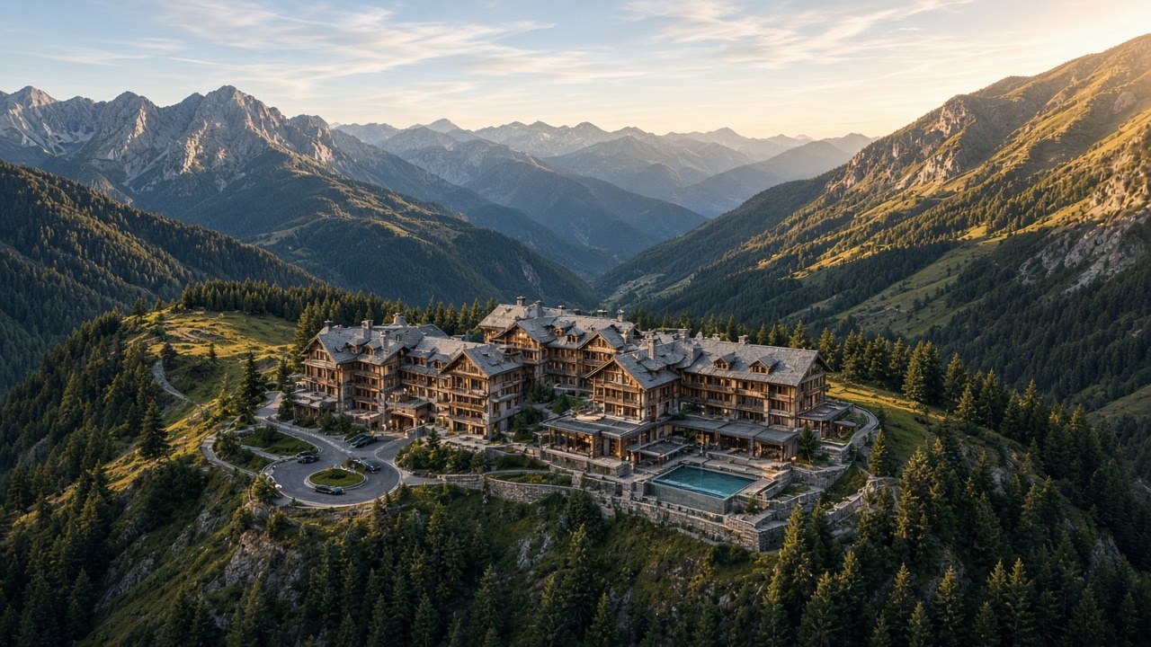 Italian hotel at first light, grounds empty before a private stay