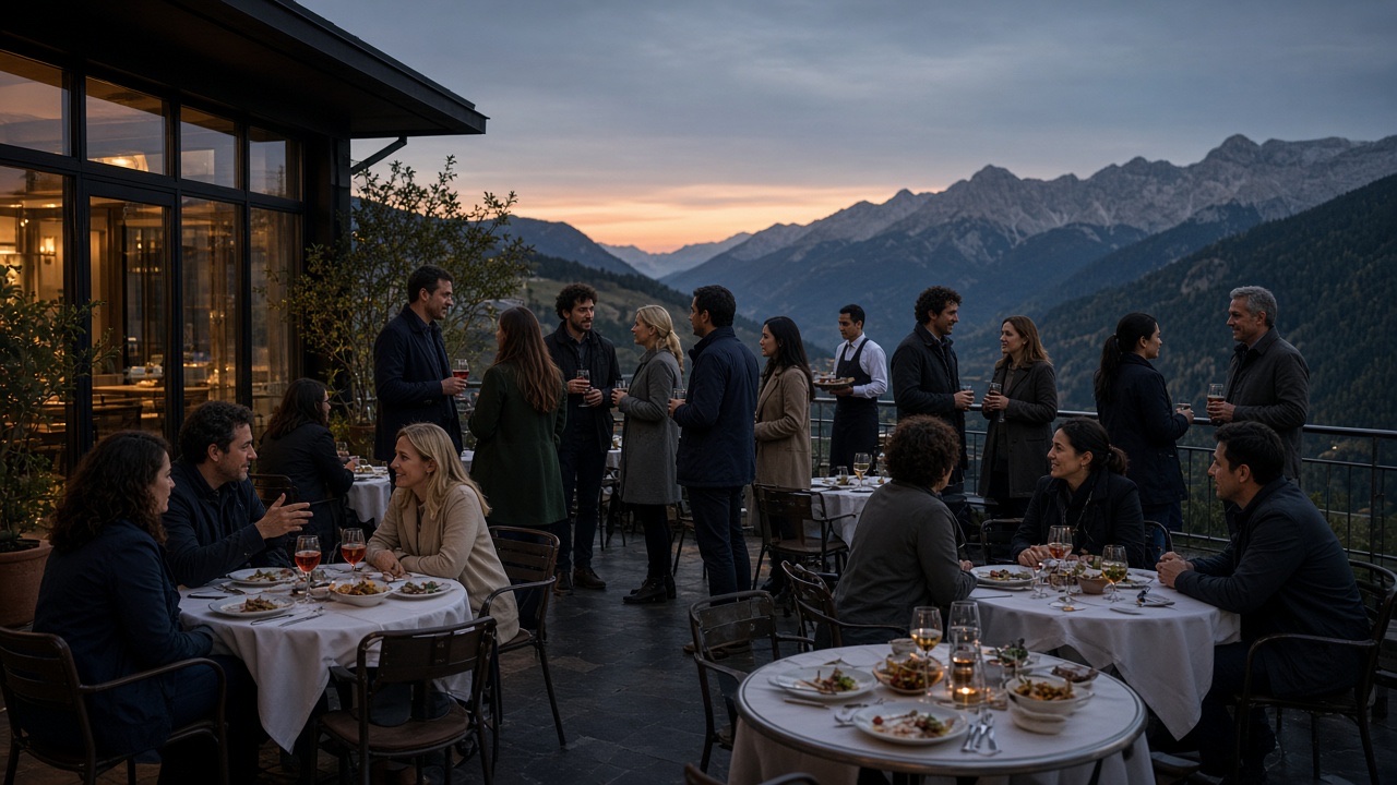 Early-evening aperitivo on an alpine hotel terrace, colleagues in small groups, OHH! ITALY