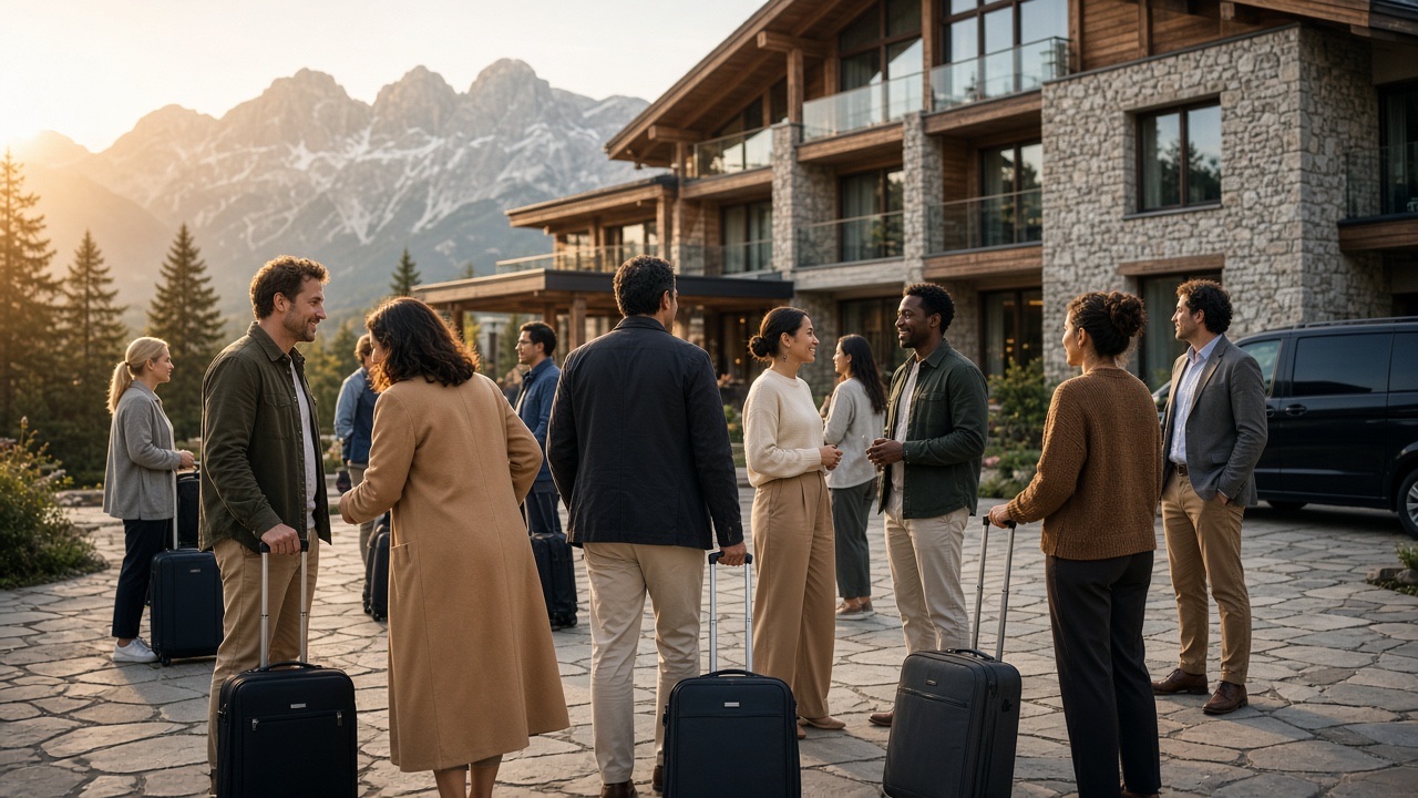 International colleagues arriving with luggage at a northern Italian alpine hotel in late-afternoon light, OHH! ITALY