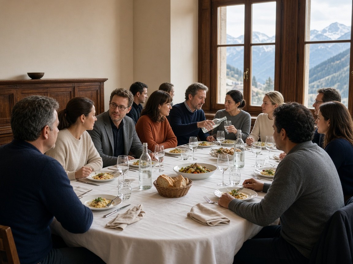 Private corporate lunch underway at a northern Italian alpine hotel, colleagues at a linen-laid table, mountains at the windows, OHH! ITALY