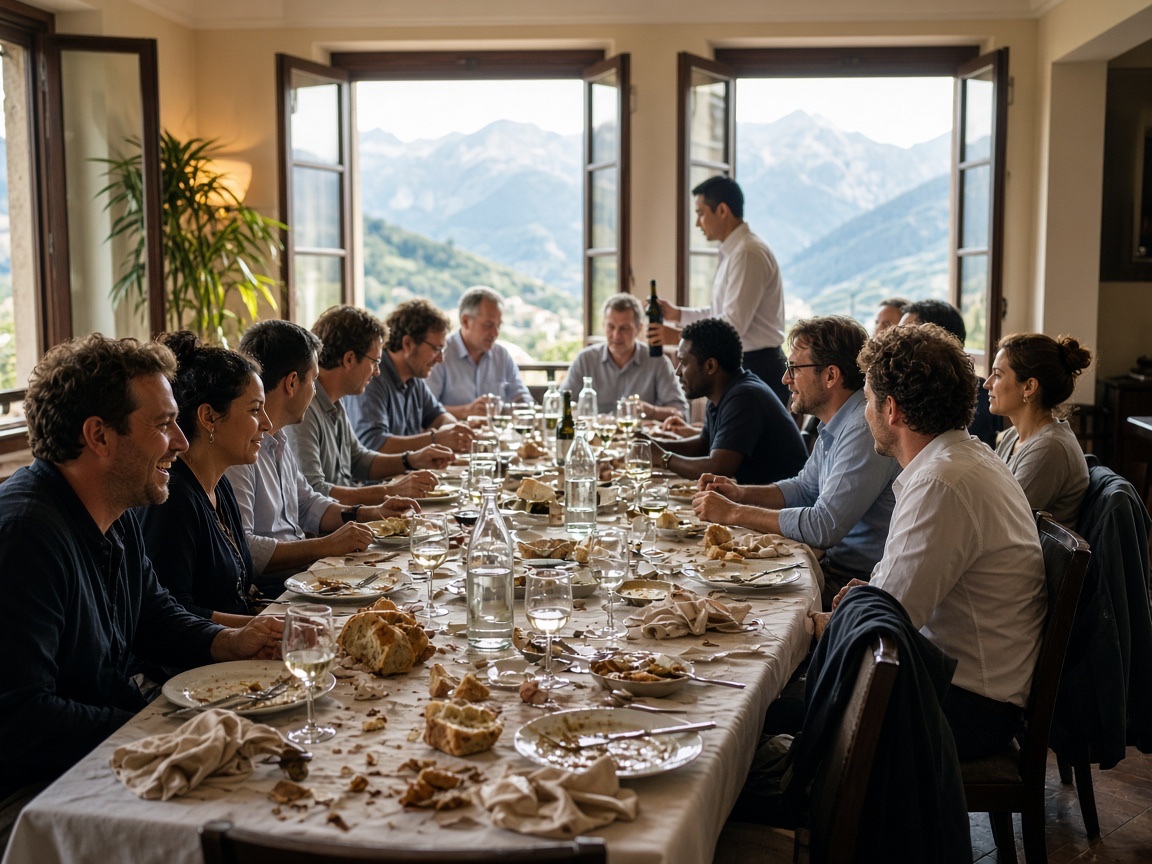 Long lunch underway at a hotel table in northern Italy, plates used, bread torn, mountains at the windows, OHH! ITALY