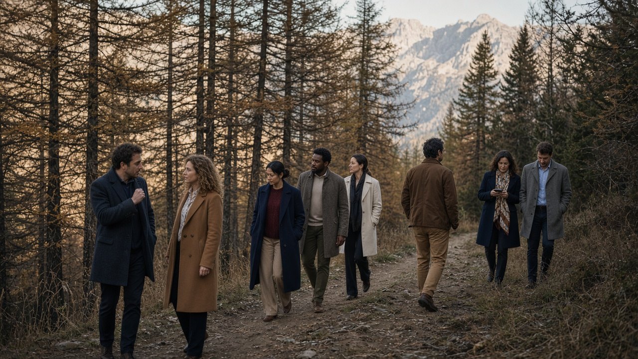 Colleagues walking and talking among larches in the Italian Dolomites after a working session, OHH! ITALY