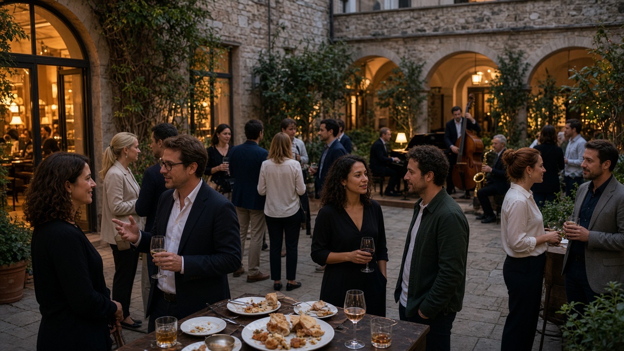 Evening aperitivo in an Italian hotel courtyard after a professional meeting, jazz trio in the background, OHH! ITALY