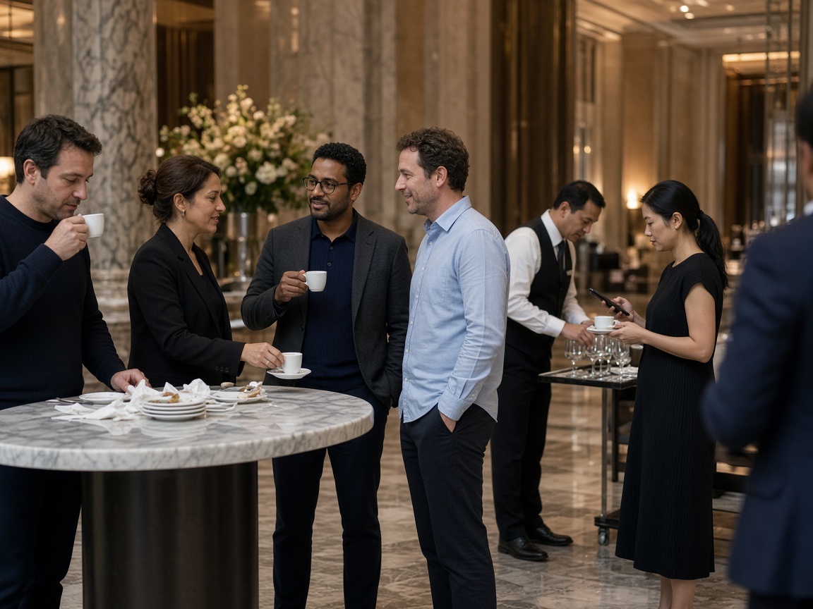 Coffee break in an Italian hotel foyer during a professional programme, colleagues talking, OHH! ITALY
