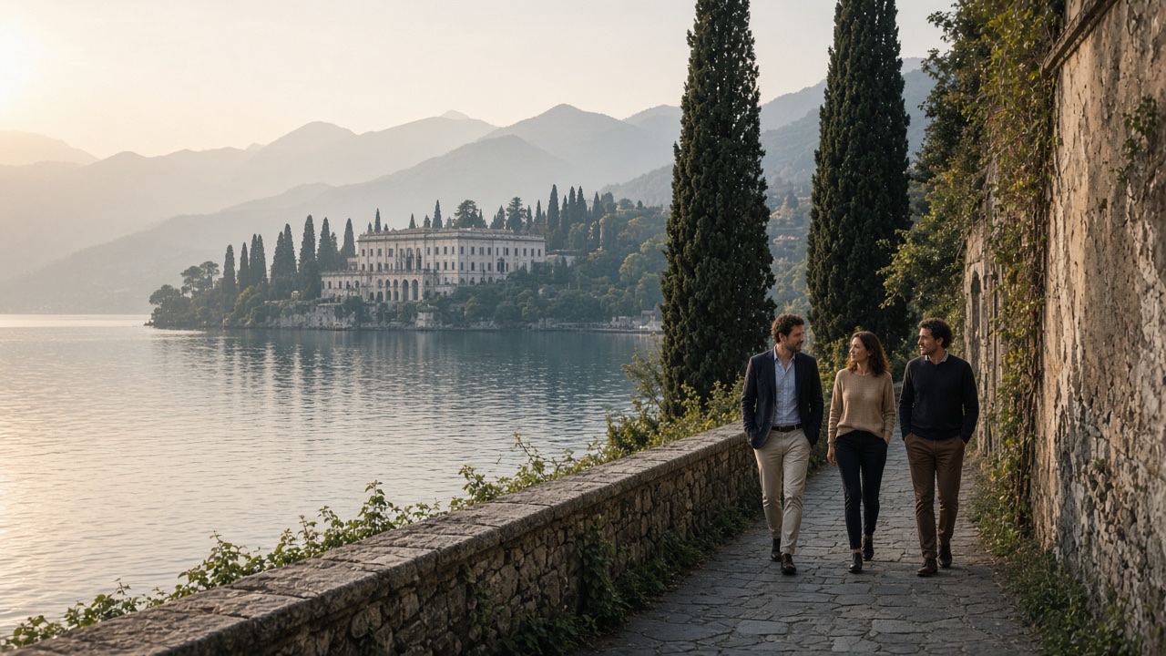 Colleagues walking along Lake Como in late-afternoon light after a professional programme, OHH! ITALY