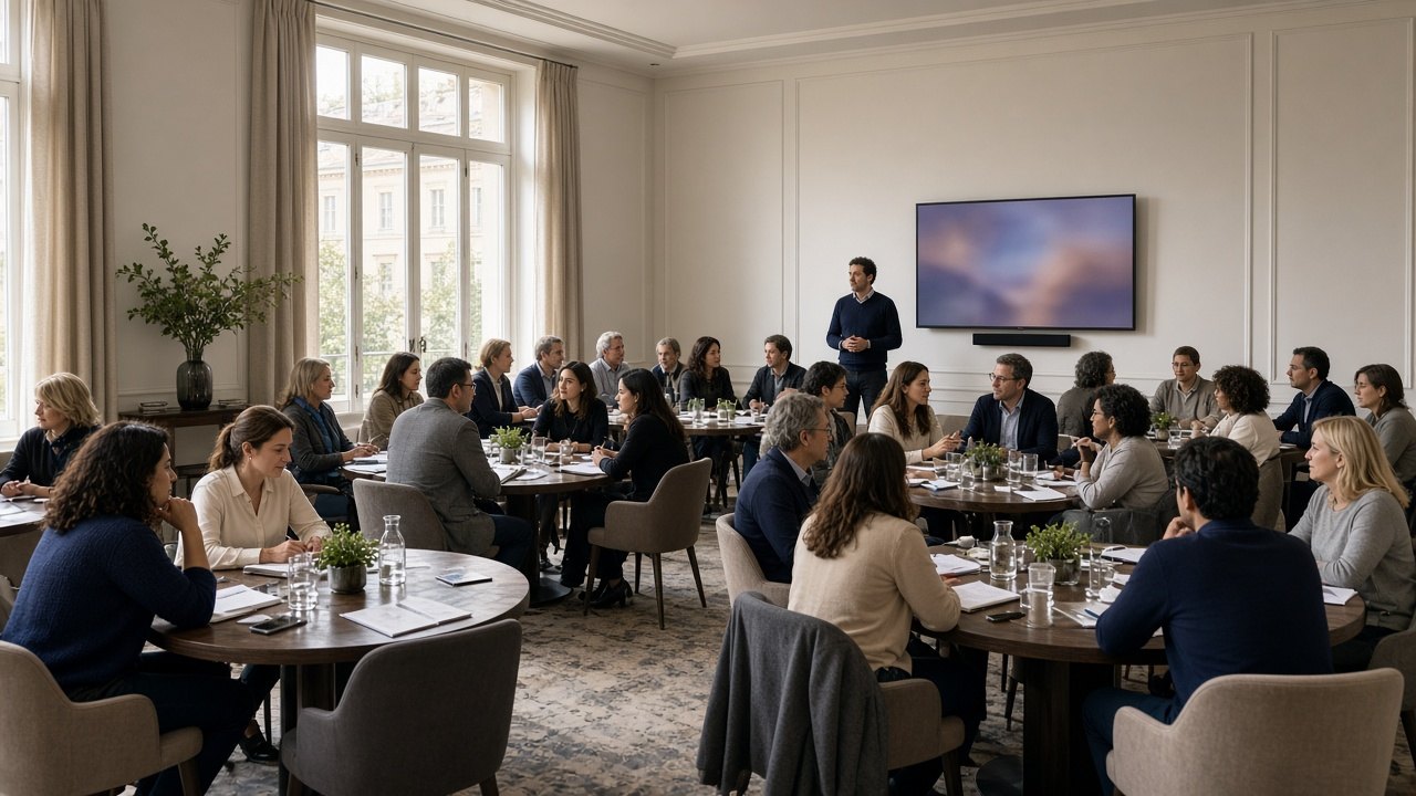 International professionals in a contemporary Italian five-star hotel salon during a private working session, OHH! ITALY
