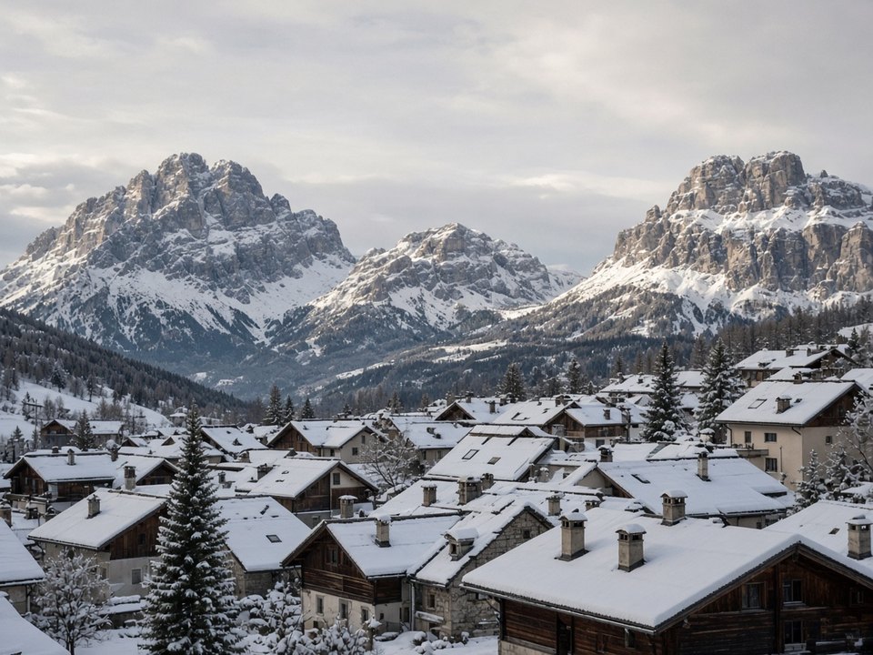 Cortina d’Ampezzo valley under snow with pale Dolomite walls, OHH! ITALY