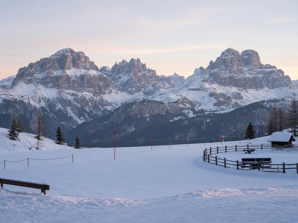 Quiet beginner slope in the Italian Dolomites at soft morning light, OHH! ITALY