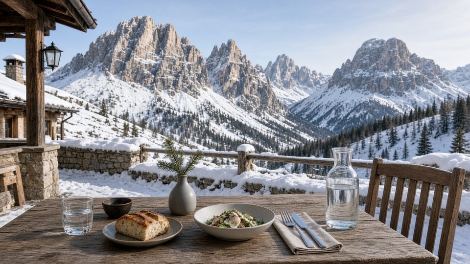 Mountain restaurant terrace table overlooking snowy Dolomites peaks, OHH! ITALY