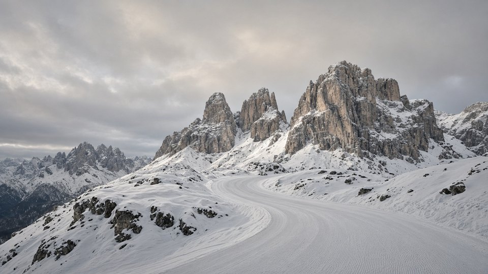 Snow-covered limestone Dolomites peaks under soft winter light, OHH! ITALY
