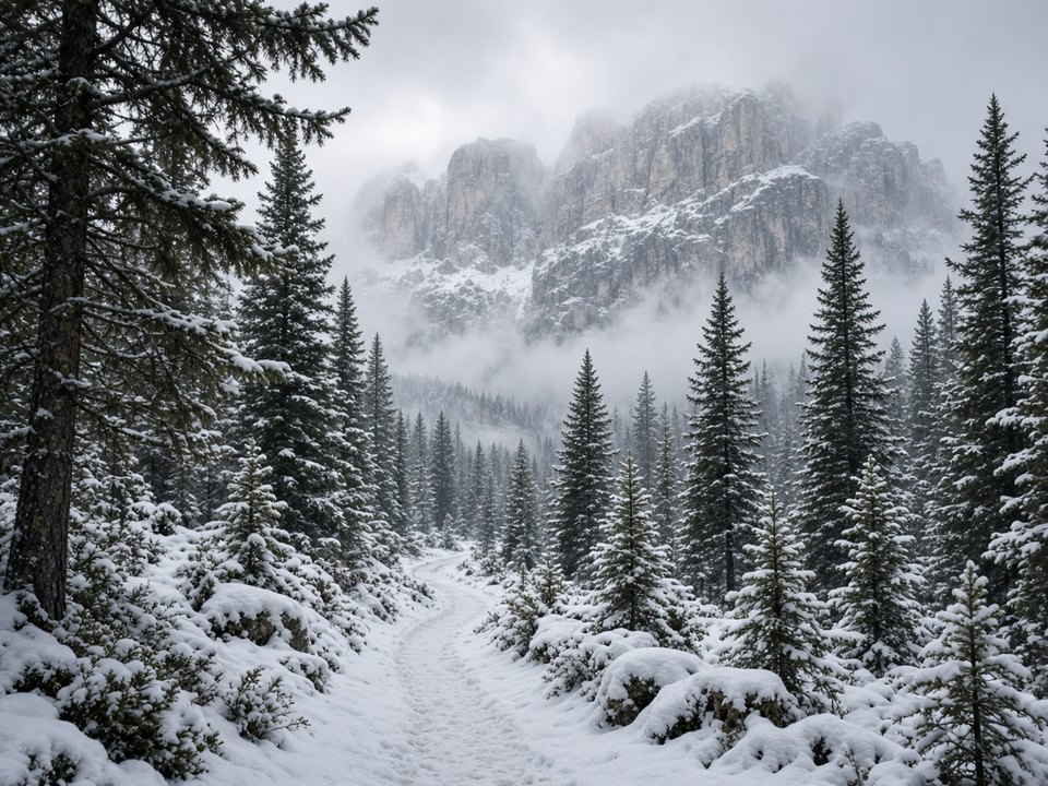 Snow path through pine forest toward limestone cliffs in the Dolomites, OHH! ITALY