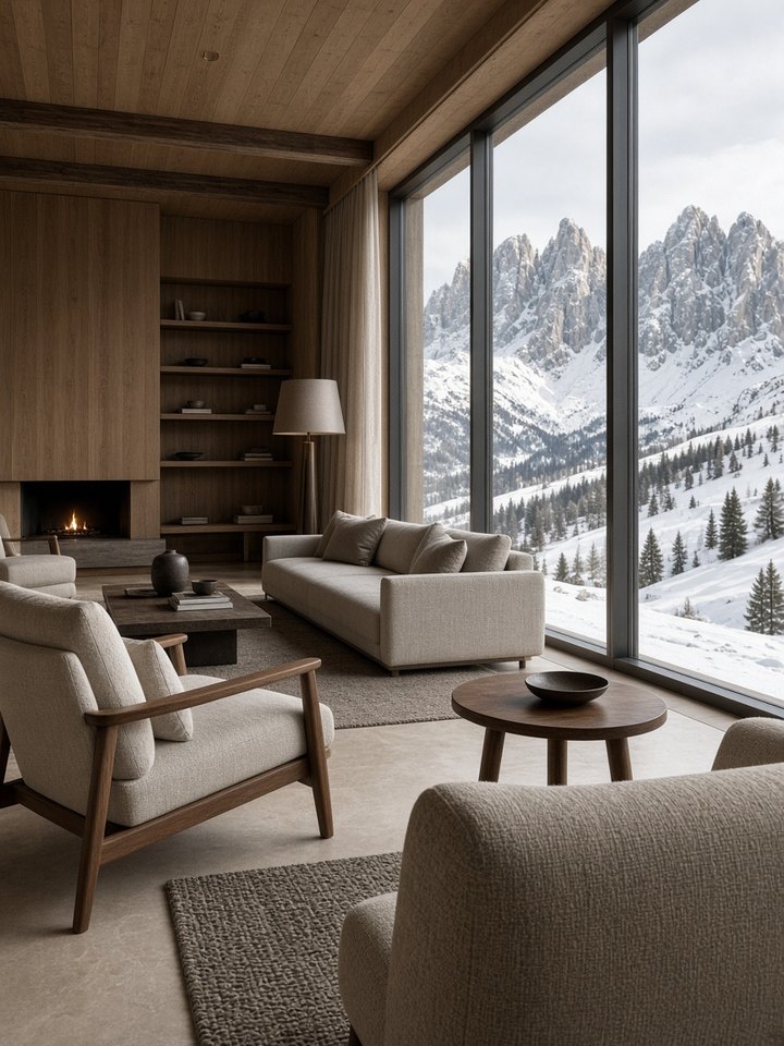 Quiet luxury mountain hotel lounge looking out to snowy Dolomites peaks, OHH! ITALY
