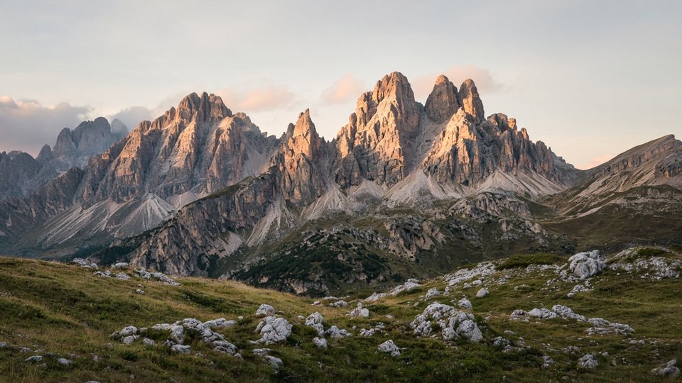 Dolomites limestone peaks above summer alpine meadow, OHH! ITALY