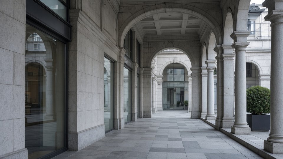 Quiet Milan arcade in cool northern morning light, OHH! ITALY