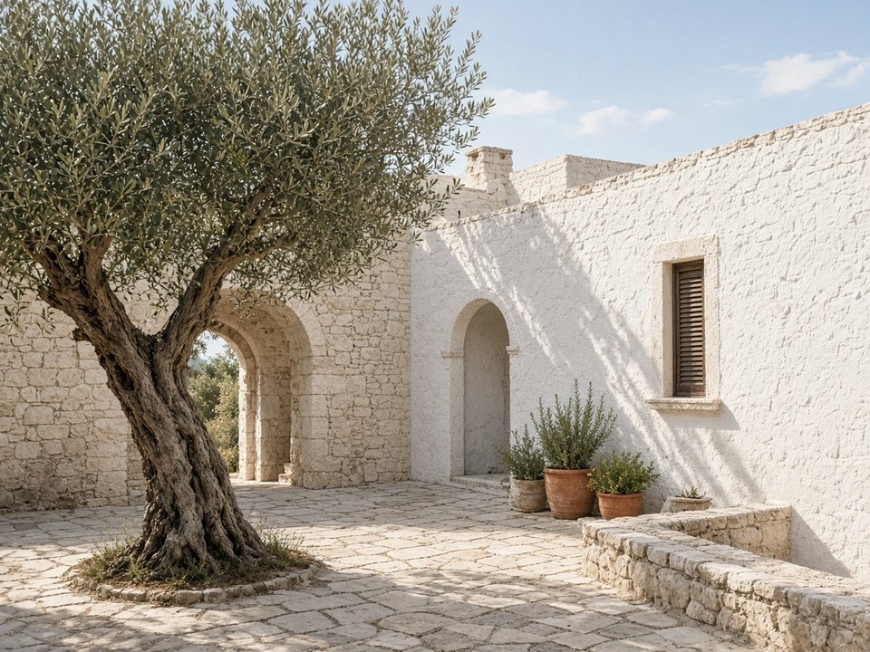 Puglia masseria courtyard with olive tree in Adriatic morning light, OHH! ITALY