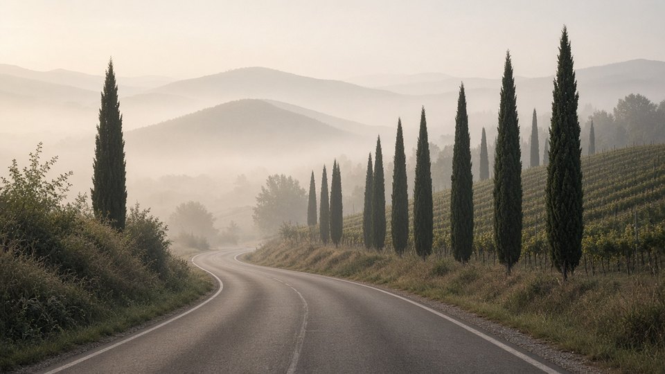 Quiet Italian countryside road through soft hills in morning mist, OHH! ITALY