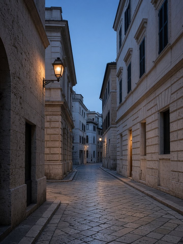 Quiet Roman travertine street at blue hour, OHH! ITALY