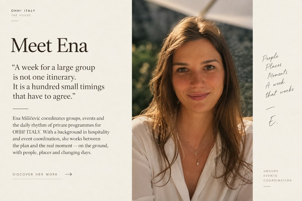 Editorial portrait of Ena Miličević introducing her work with groups, events and coordination at OHH! ITALY