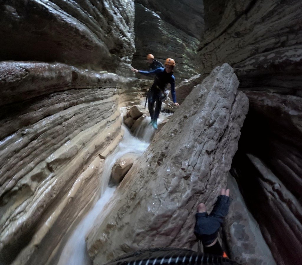 Narrow wet canyon passage in the Dolomites–Friuli range, OHH! ITALY Journal