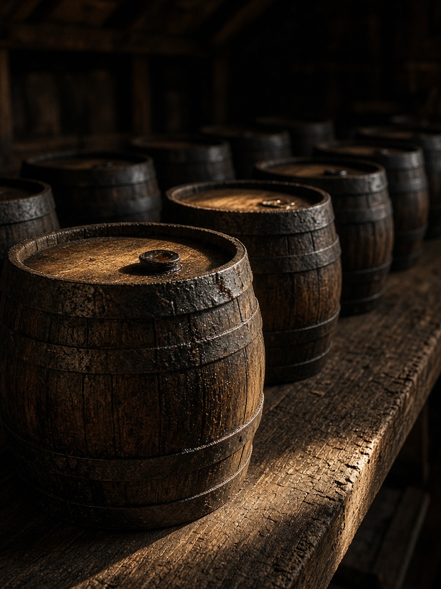 Traditional balsamic barrels in a Modena acetaia, one vat catching late light, Emilia-Romagna, OHH! ITALY
