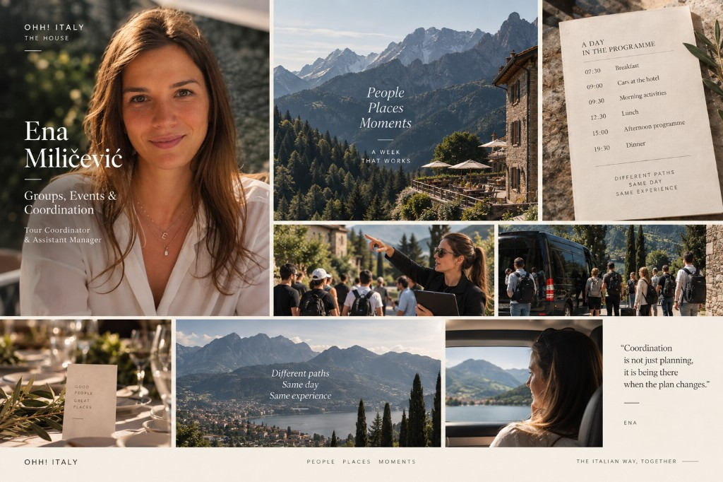 Editorial composition of group travel: people, places, vehicles, tables and a day that splits