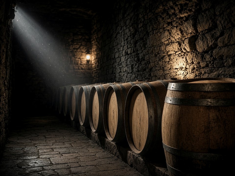 Quiet Piedmont wine cellar with oak barrels in low warm light, OHH! ITALY
