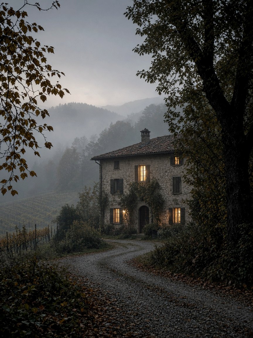 Piedmont country house at dusk among autumn trees and soft fog, OHH! ITALY
