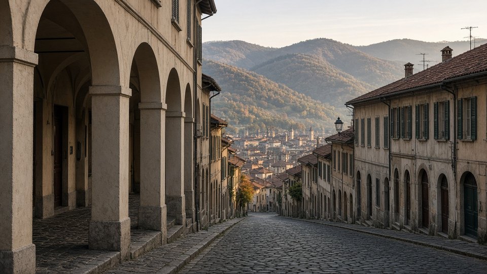 Alba porticoes opening toward the Langhe hills, Piedmont, OHH! ITALY