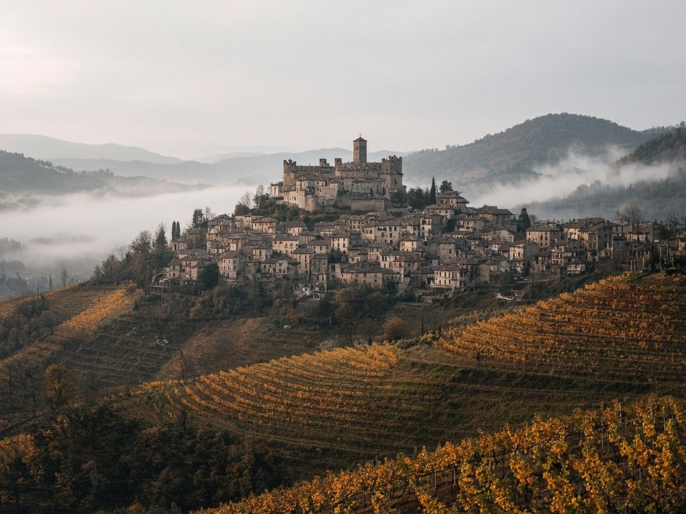 Barolo village and castle above autumn vineyards in the Langhe, OHH! ITALY