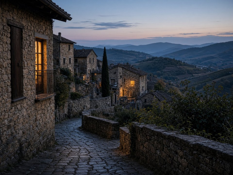 Monforte d'Alba stone streets at blue hour in the Langhe, OHH! ITALY
