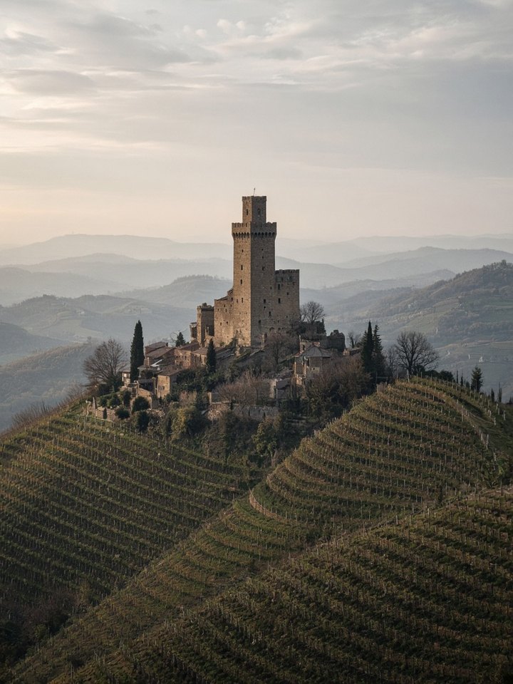 Serralunga d'Alba castle rising above steep vineyard slopes, OHH! ITALY
