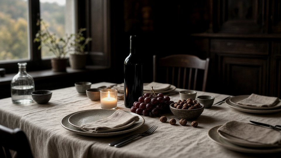 Private autumn table in Piedmont with linen, ceramics, wine and candlelight, OHH! ITALY