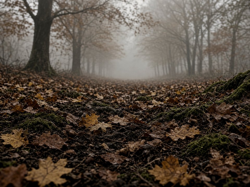 Misty autumn woodland floor in Piedmont hazelnut country, OHH! ITALY