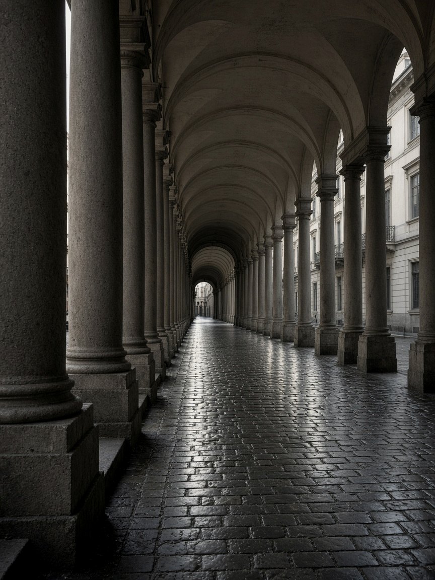 Covered porticoes of Turin in soft morning light, Piedmont, OHH! ITALY